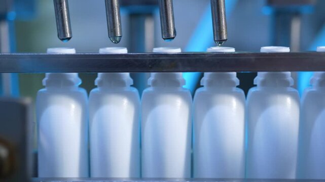 eye drop production line. Ophthalmic drops filling solution, eye ear drop making process in factory. eye drop medicine in plastic bottles on conveyor belt. production of drops in a pharmaceutical line