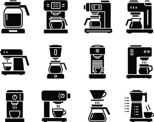 Diverse Coffee Maker Icons in Black and White coffee machine