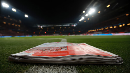 A newspaper lies discarded on the vibrant green grass of an empty soccer field at night, the stadium lights illuminating the scene in a captivating display.
