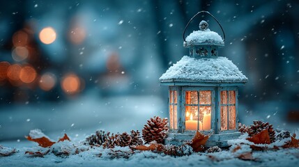 lantern glowing in winter snow with pine cones, frosty outdoor scene with warm lantern