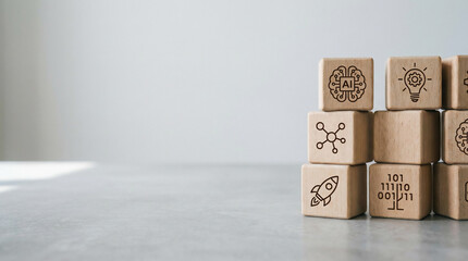 Artificial Intelligence and Innovation, shown on wooden blocks with technology icons, representing modern business growth and digital solutions.