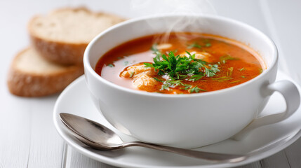 Steaming hot soup bowl with fresh herbs and sliced bread for comforting meal time