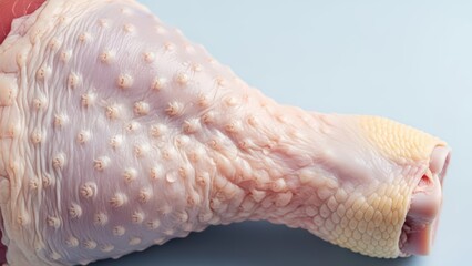 Close-up of uncooked chicken skin with visible texture on light blue background