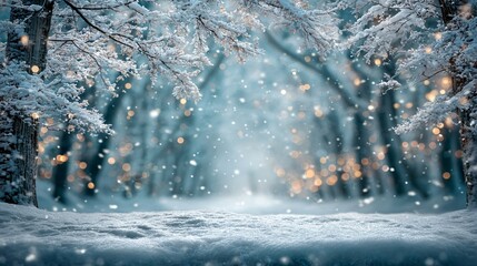 snowy forest pathway with winter trees, frosty woodland walkway covered in snow