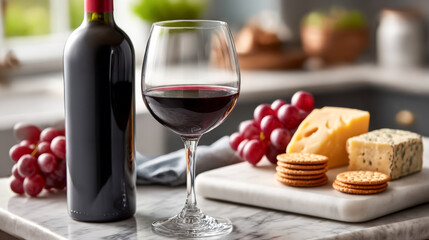 Naklejka premium Elegant red wine and cheese pairing with grapes and crackers for gourmet tasting