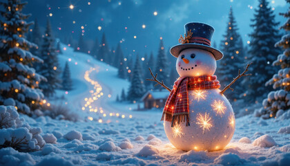 Cheerful snowman adorned with plaid scarf and top hat stands snowy landscape, illuminated by twinkling lights. background features winding path through forest of snow covered trees starry sky