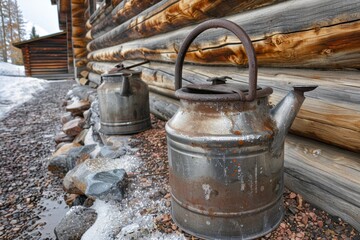 Two vintage metal watering cans sit beside a wooden log cabin in a snowy setting, showcasing a rustic outdoor aesthetic.