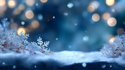 Magical winter snow scene with bokeh lights and detailed snowflakes on a snowy surface, blurred blue background