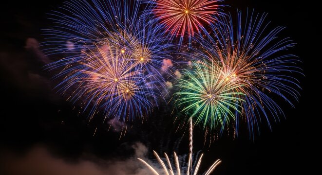 Colorful Fireworks Explosion in Night Sky