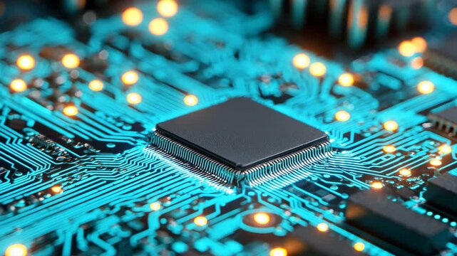 Close-up view of a microchip on a circuit board with glowing connections, showcasing intricate electronic design at a technology lab during daytime
