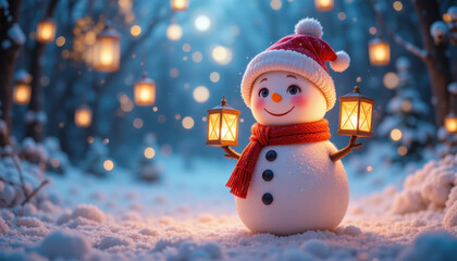 Obraz premium Cheerful snowman wearing red hat and scarf holds glowing lanterns in snowy forest, surrounded by softly lit lanterns hanging from trees, creating magical winter scene