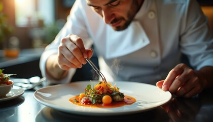 Pro chef precisely plating delicious meal with tweezers in gourmet restaurant. Cuisine expert carefully arranges dish with elegance, culinary talent. Food presentation art, using tool for exquisite