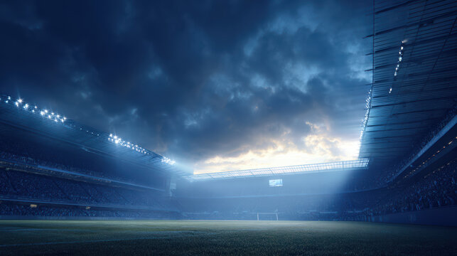 An outdoor stadium with bright lights illuminating a soccer field at night with a dramatic sky filled with dark storm clouds providing a moody atmosphere. - Powered by Adobe
