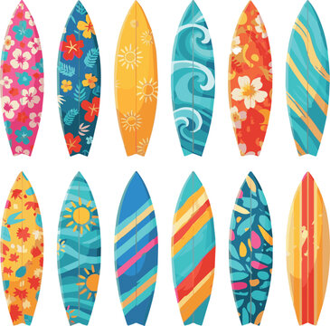 Create Kinds of Summer surfboard elements clipart set. Colorful surfing board clip art with printed and pattern design collection for beach graphic elements vector illustration white background