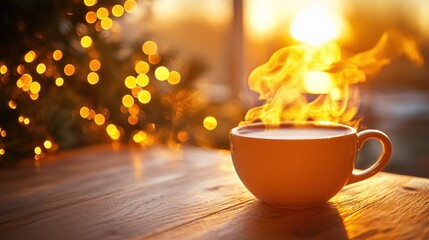 Steaming coffee cup at sunrise on wooden table with bokeh lights