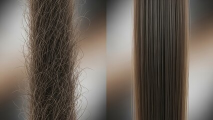 Close-up comparison of frizzy and smooth brown hair texture