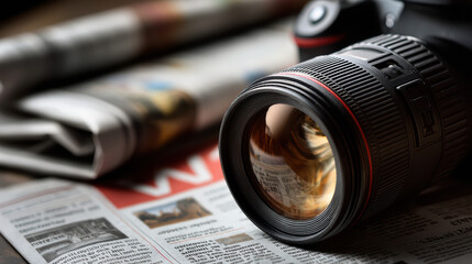 A professional camera lens is focused on a newspaper with articles and headlines, suggesting photojournalism, current events, and visual storytelling through images.