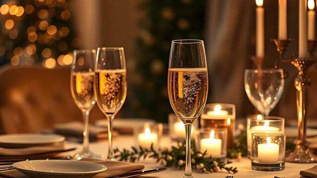 nonessential. Festive dining table with golden spumante and candlelight in luxurious atmosphere. menu design, packaging mockups, designed for food delivery and cloud-kitchen brand materials.