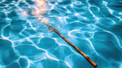 Stick floating in rippling blue pool water with light reflections, summer background