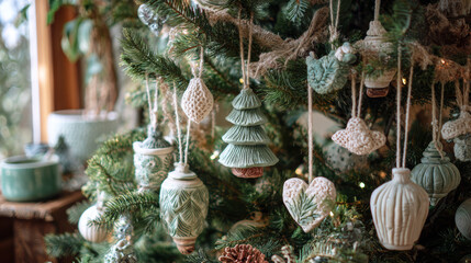 Tree decorated with handmade clay ornaments, cream and sage green palette. 