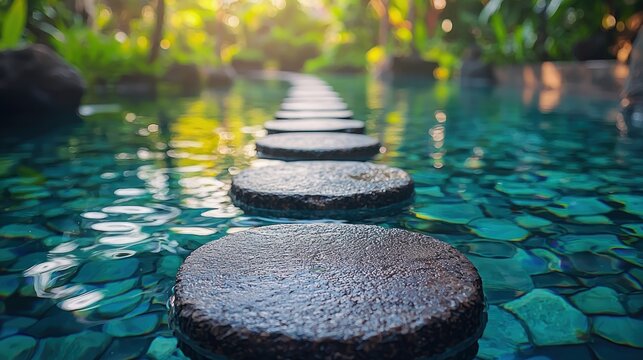 Stepping stones path in a tranquil tropical pool at sunset - Powered by Adobe