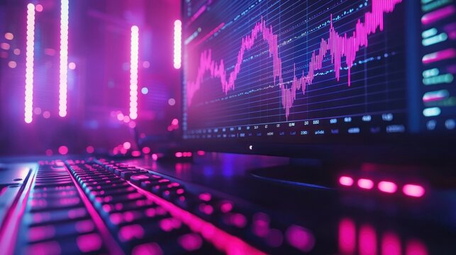Stock market chart displayed on computer screen in vibrant, neon-lit room