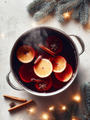 Warm beverage in a pot with sliced citrus fruits, cinnamon sticks, and star anise, surrounded by pine branches and soft glowing lights, evoking cozy winter atmosphere
