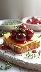 Creative toast topped with a slice of cheddar cheese, glossy whole cherries, and garnished with fresh herbs, presented on a rustic stone plate in soft natural light.
