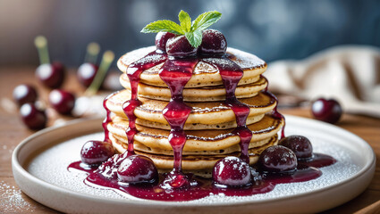 Tall stack of fluffy pancakes topped with cherries, cherry syrup, powdered sugar, and mint, styled on a ceramic plate in a warm, rustic close-up composition with a dark blurred background.