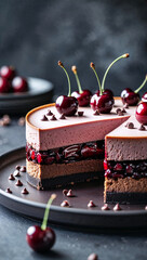 Sliced chocolate cherry mousse cake with layered cherry compote and a dark chocolate base, garnished with fresh cherries and chocolate chips, served on a matte black plate.