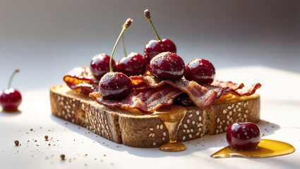 Close-up of artisanal toast topped with crispy bacon, fresh cherries, and maple syrup, with syrup dripping off the edge, styled on a light surface in soft natural lighting.
