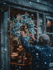 Elderly man with gray hair hangs a beautiful blue floral wreath on a wooden door, surrounded by falling snowflakes, creating a cozy winter atmosphere for the holiday season