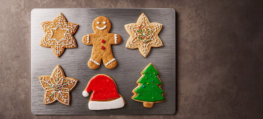 Festively decorated gingerbread cookies shaped like stars, a Christmas tree, a Santa hat, and a gingerbread man arranged on a metallic baking tray, showcasing holiday spirit and culinary creativity