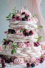 Elegant multi-tiered meringue cake layered with pink whipped cream, decorated with fresh cherries, blackberries, and edible flowers in a romantic pastel setting.