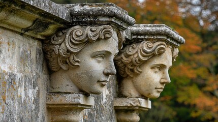 Fototapeta premium Stone faces on bridge with autumn trees in background, architectural detail