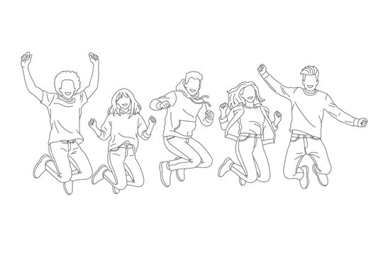 line art illustration of multicultural Group of Happy People Jumping, vector illustration