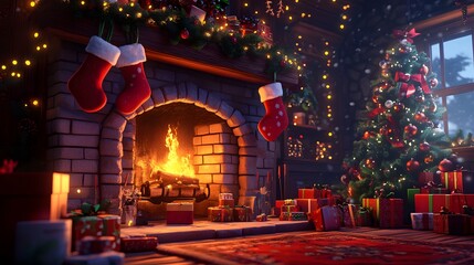 Festive Christmas Room with Fireplace, Tree, and Gifts Photo