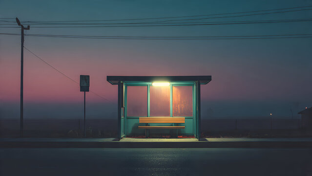 A soft-lit evening bus stop empty and isolated, with cool tones and smooth gradients forming peaceful minimal mood
