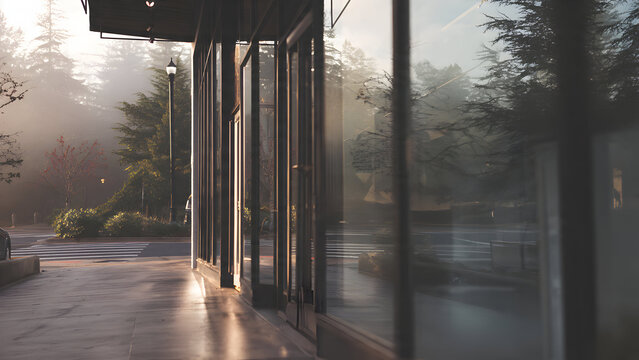 A soft-lit storefront reflecting hazy distant trees forming peaceful muted minimal outdoor-urban blend