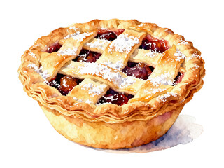 Cherry Pie Delight: A watercolor illustration of a delicious cherry pie, adorned with a lattice crust and dusted with powdered sugar, a perfect treat.