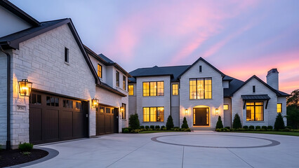 Elegant Modern Home at Sunset, Residential Architecture Photography, Suburban Environment, Captivating View