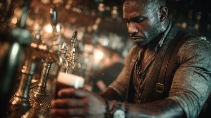Focused black male bartender in vintage vest serving pint of beer from brass taps in dim warmly lit bar interior gritty atmospheric nightlife pub concept