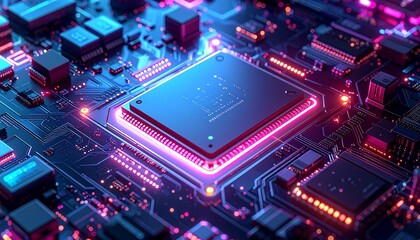 Glowing digital motherboard with central processor, circuit pathways, and red-blue lighting effects.