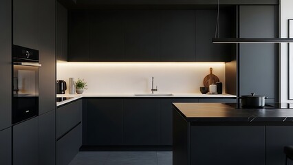 Modern minimalist kitchen interior design with dark cabinetry and glowing led lighting