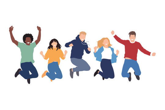 flat illustration of multicultural Group of Happy People Jumping, vector illustration
