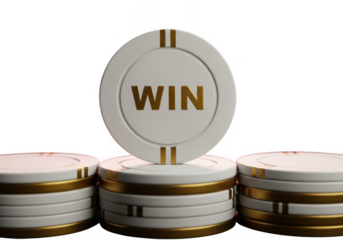 White and gold casino chips with the word win isolated on transparent background for gaming and betting success