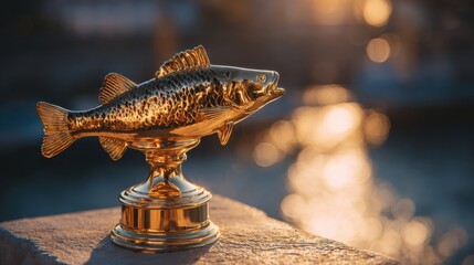A golden fish trophy stands on a pedestal near water as the sun sets. It highlights local fishing events and recognizes achievements in the community
