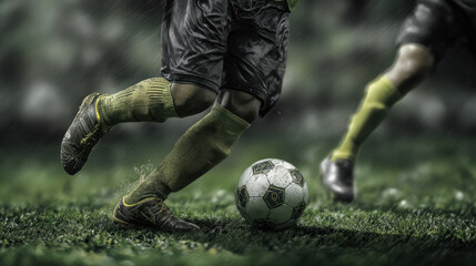 A dynamic low angle view captures the intense action of a soccer game with players feet and a ball on a lush green field du a rainy day session at the stadium.