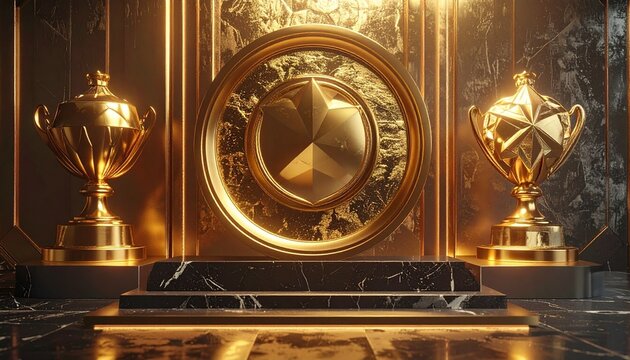 Golden trophies and medallion on dark marble with geometric star design and luxurious accents.