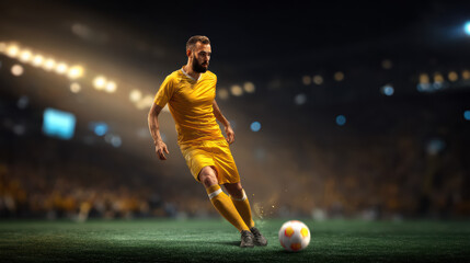 Energetic soccer player in yellow uniform skillfully dribbles the ball across the vibrant green field under the bright stadium lights du a thrilling match.
